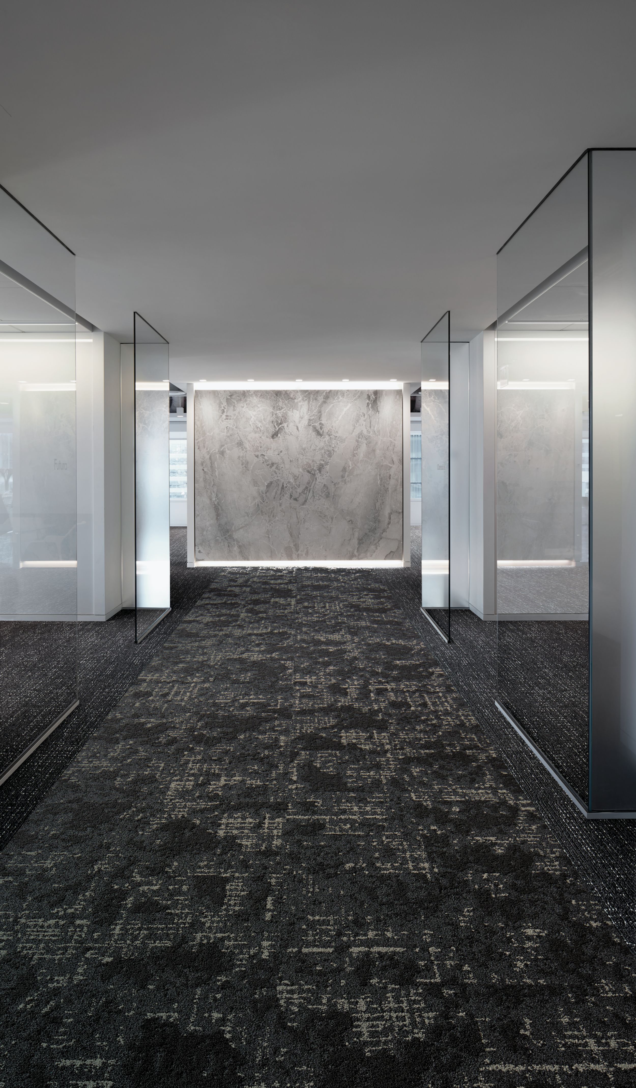Interface Head in the Clouds carpet tile in corridor with glass walls on both sides image number 3
